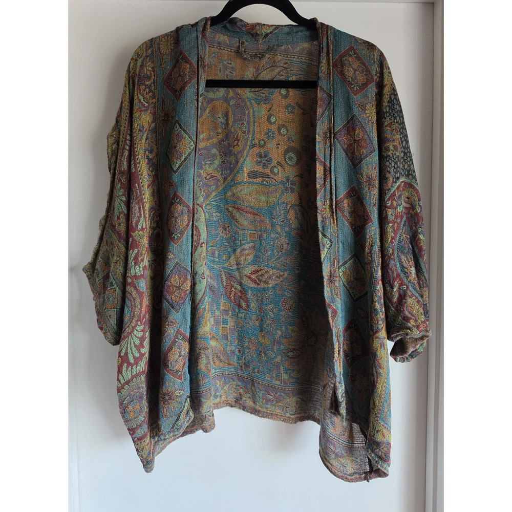 Women Paisley Kimono Multicolor 3/4 Sleeve Wrap Cardigan Boho Cover Up